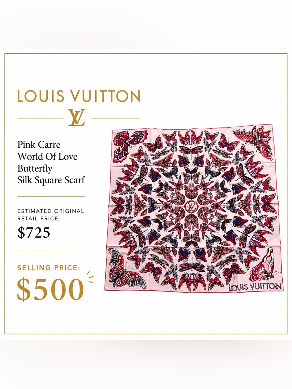 Louis Vuitton Pink Carre World Of Love Butterfly Silk Square Scarf